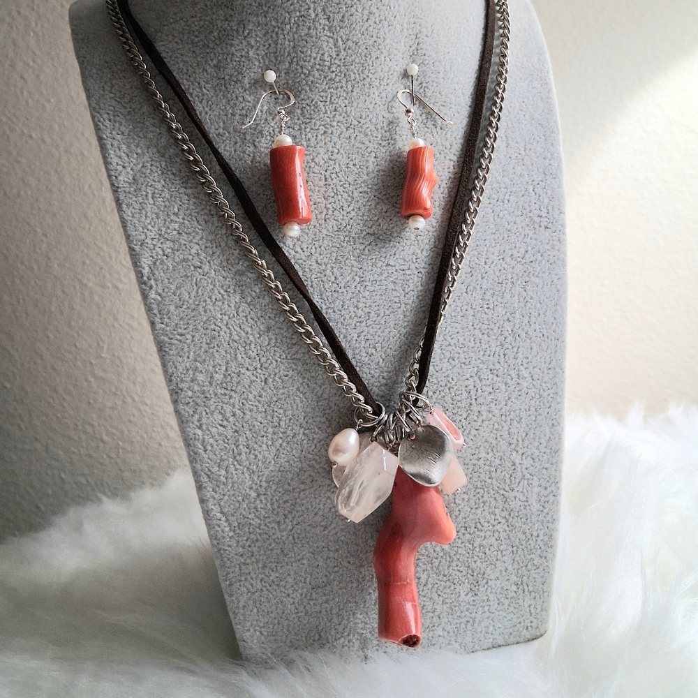 J.Jill Coral Like Charm Necklace And Pierced Earrings Set